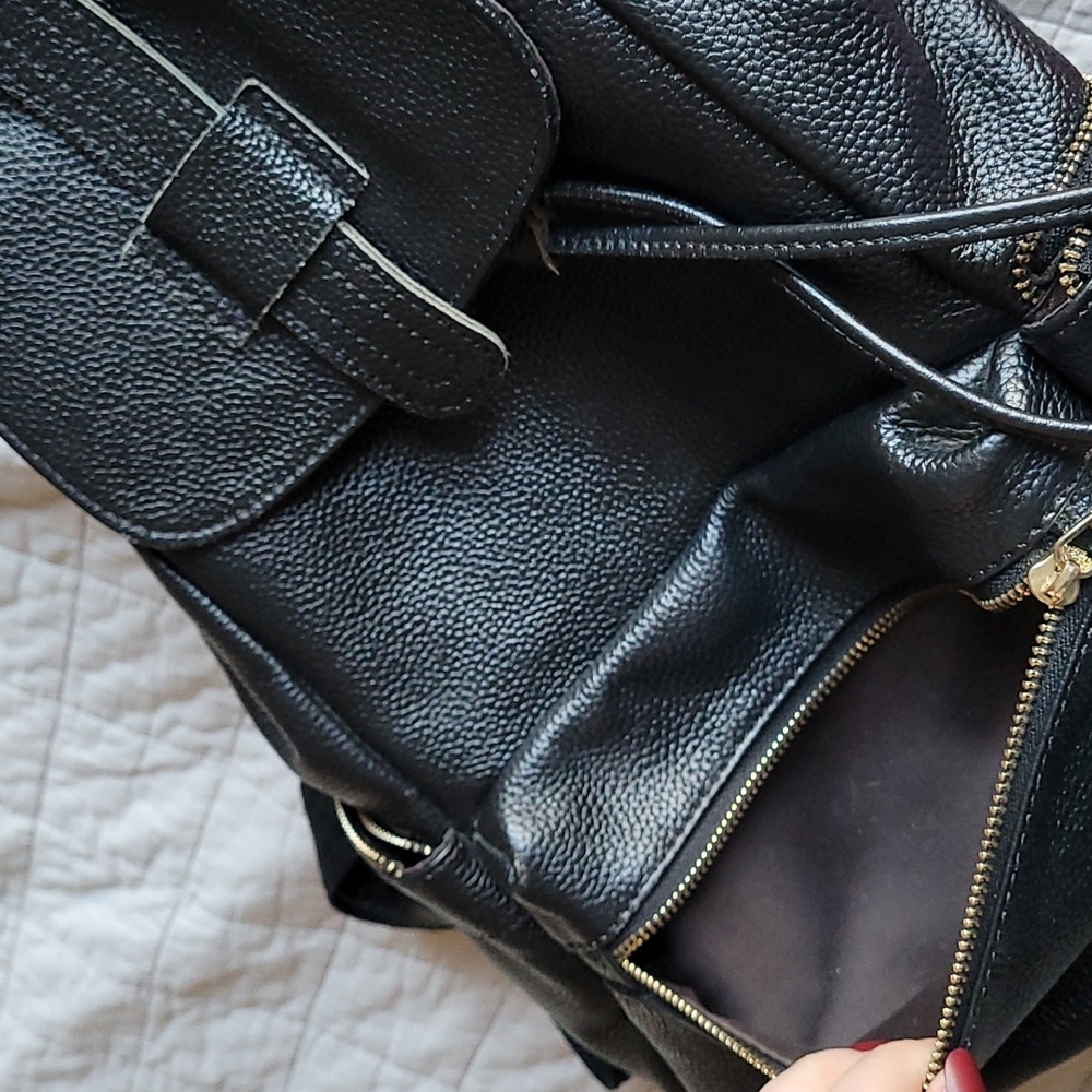 EUC Black Pebbled Leather w Gold Backpack - Picture 4 of 14